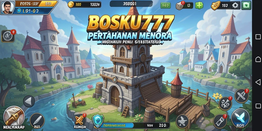 Screenshot gameplay BOSKU777 menampilkan aksi pertahanan menara yang seru.
