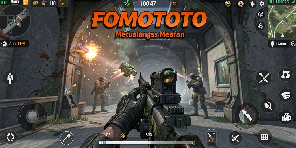 Screenshot utama FOMOTOTO menampilkan aksi gameplay TPS yang seru.
