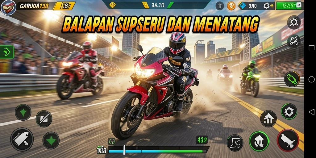 Tangkapan layar dari permainan GARUDA138 menampilkan aksi balapan motor yang mendebarkan.
