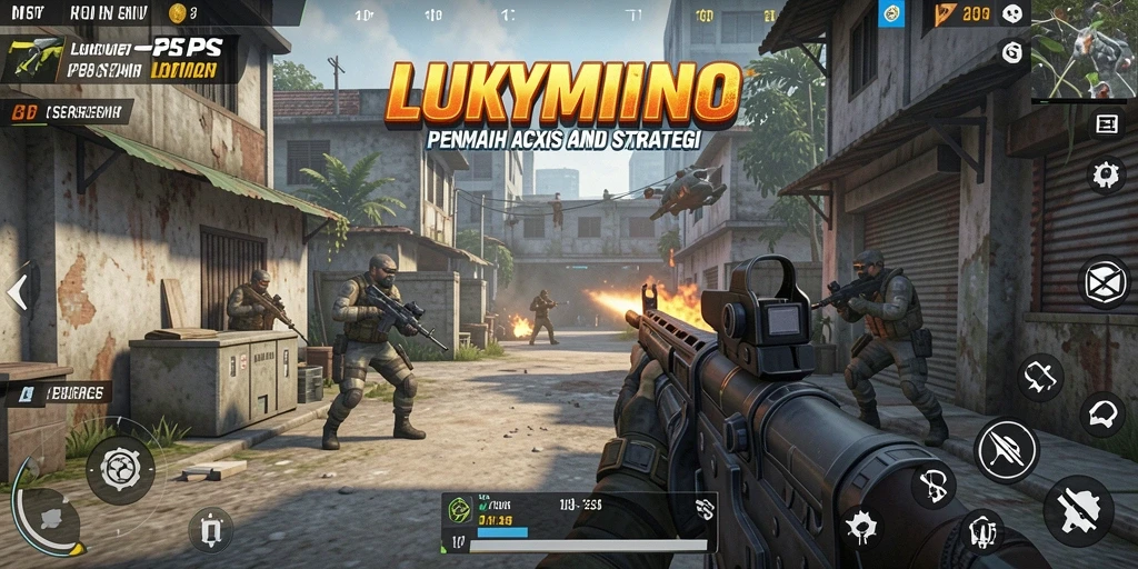 Tampilan gameplay intens LUKYMINO dalam pertempuran FPS.