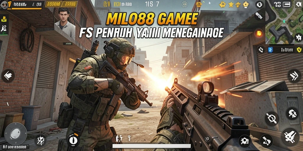 Screenshot MILO88 menunjukkan aksi intens di arena pertempuran FPS.