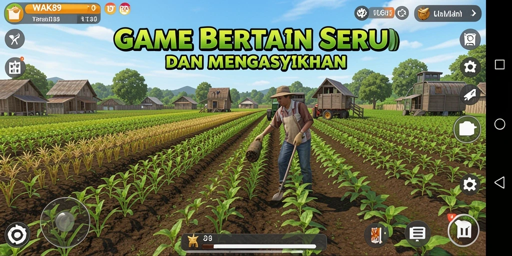 Screenshot gameplay WAK89 dengan aktivitas bertani dan merawat hewan.